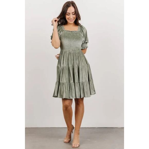 Baltic Born Womens Large Bliss Smocked Velvet Short Dress Green Party Church - Picture 1 of 8